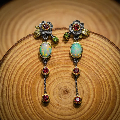 Pendientes boho con ópalo y circonita roja