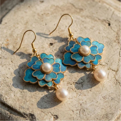 Pendientes colgantes vintage con perlas y lotos azules
