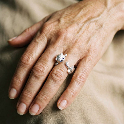 Anillo ajustable en plata de ley 925 con gatito