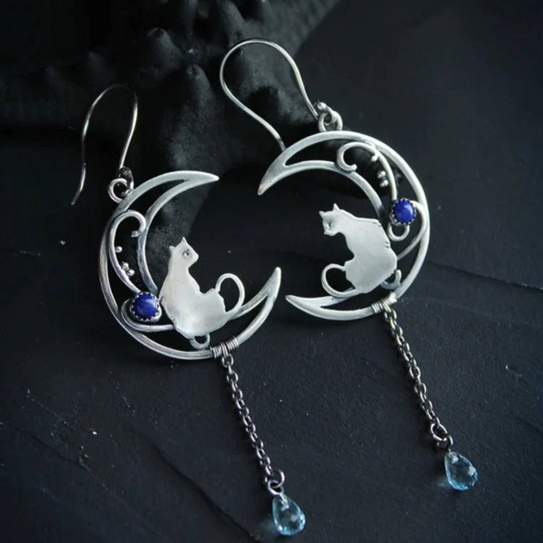 Pendientes Boho de circonita azul con gato en plata