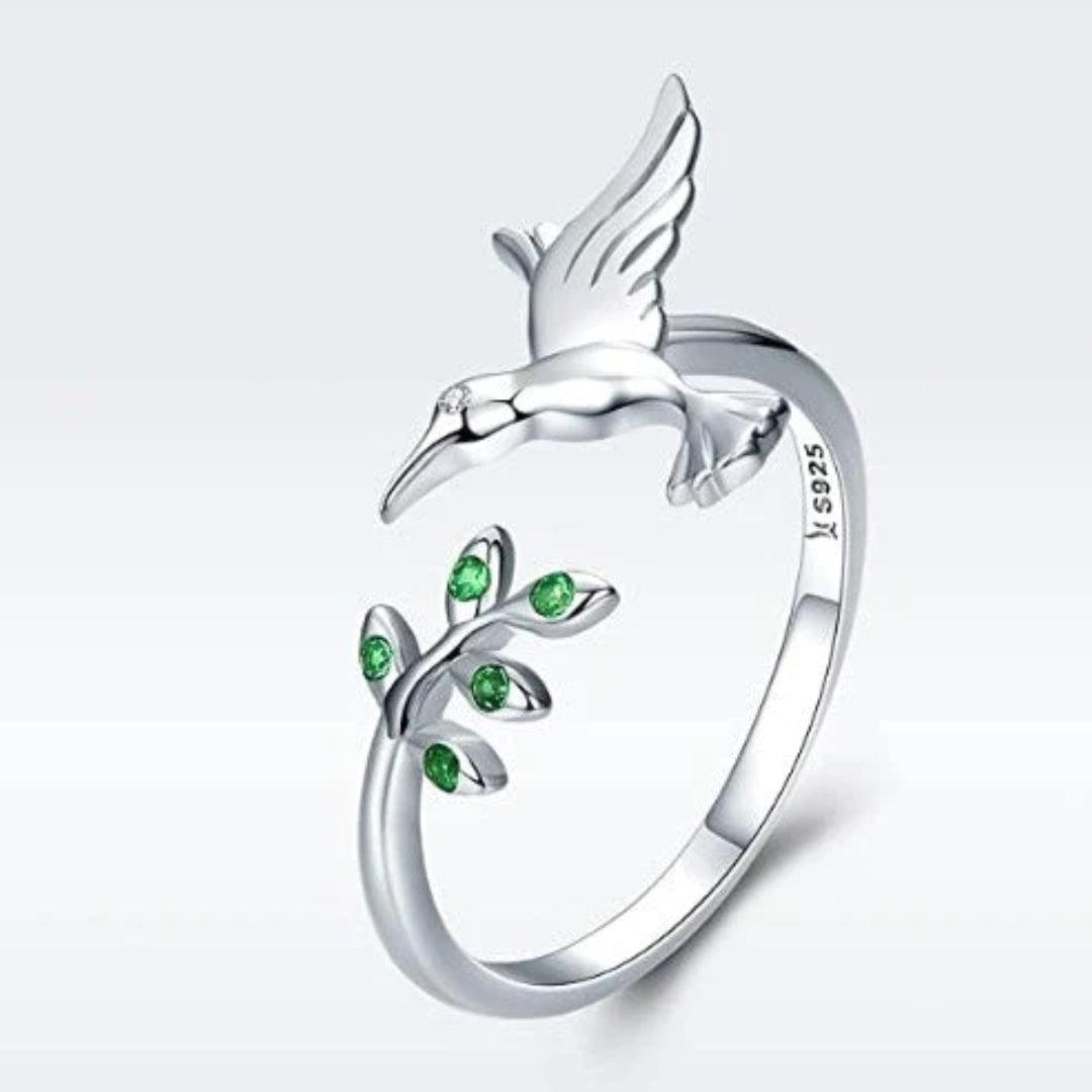 Anillo Colibrí con circonitas verdes en plata (Ajustable)