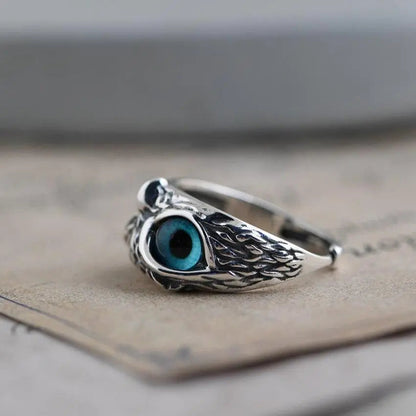 Anillo ajustable Búho de la buena suerte en plata con ópalo