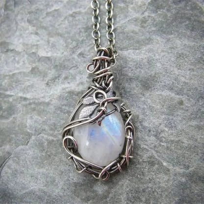 Collar con piedra lunar - Colgante de alambre metálico