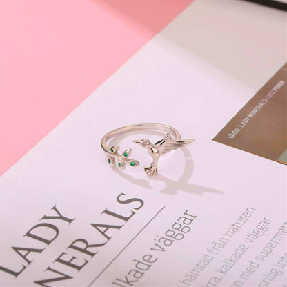 Anillo Colibrí con circonitas verdes en plata (Ajustable)