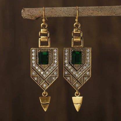 Pendientes geométricos vintage dorados y verdes