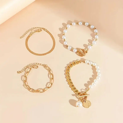 Conjunto 4 Pulseras – Serpiente, Perlas & Eslabones | Oro