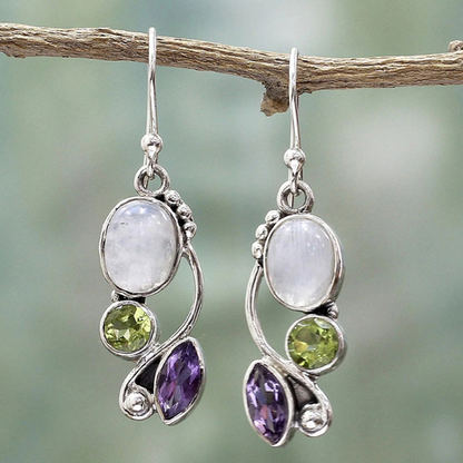 Pendientes vintage de cristal y piedra lunar púrpura y verde en plata