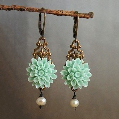 Pendientes Boho con flor turquesa y perla