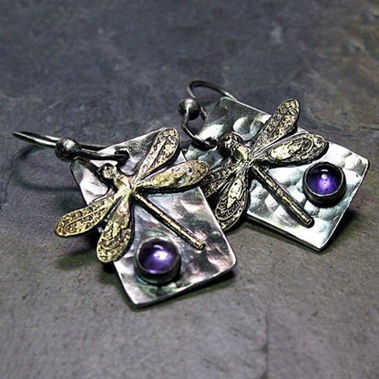 Pendientes vintage de libélula con cristales morados