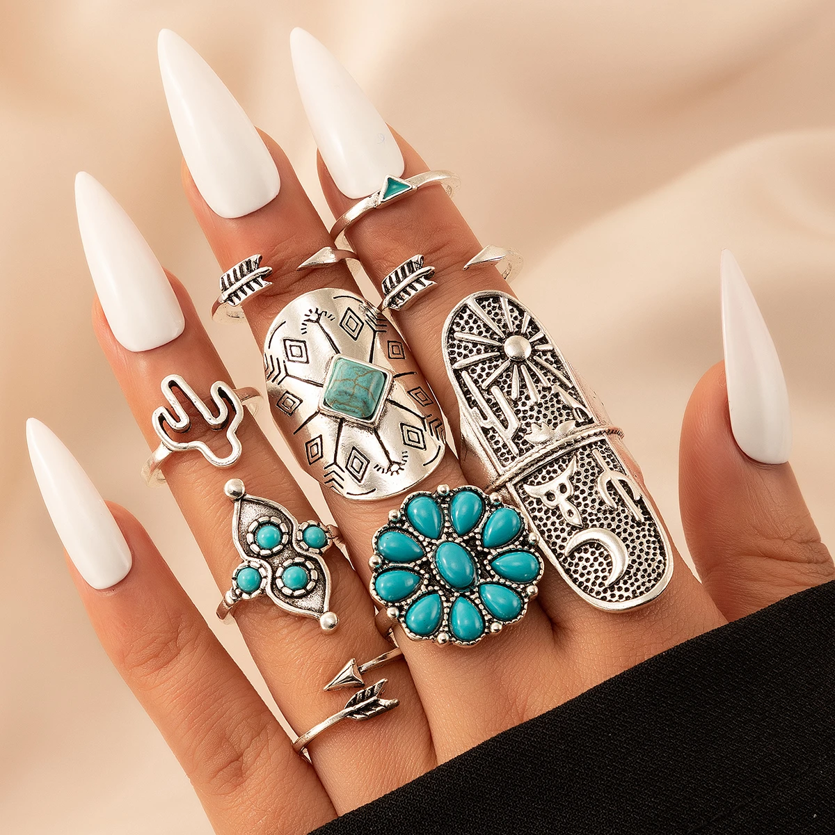 Conjunto de anillos vintage en plata y turquesa (Ajustable)