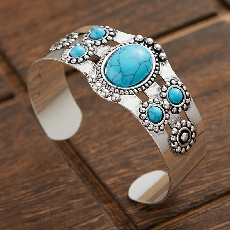 Pulsera ajustable abierta vintage en plata y turquesa