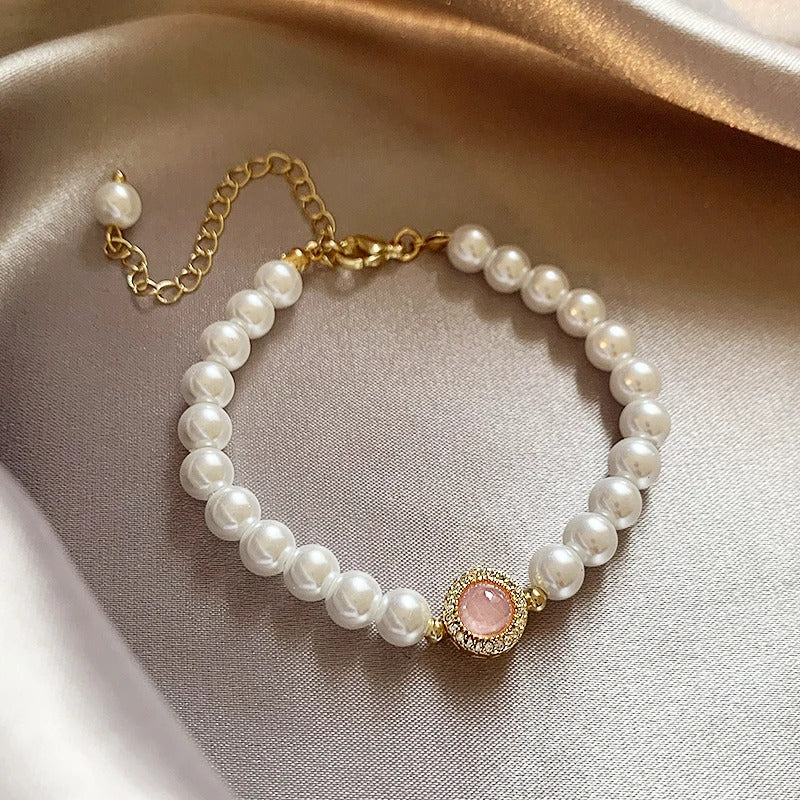 Pulsera vintage con perlas y cuarzo rosa dorado