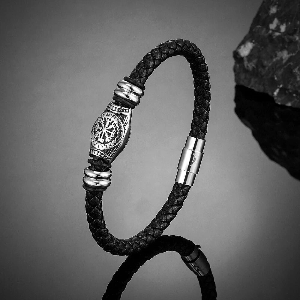 Pulsera de cuero trenzado Viking Compass negra