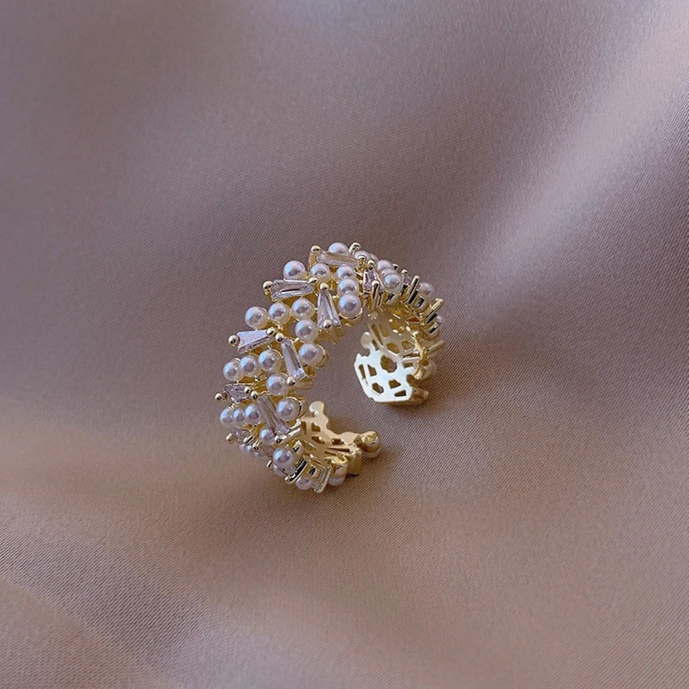 Anillo ajustable vintage con perlas y cristales dorados (Ajustable)