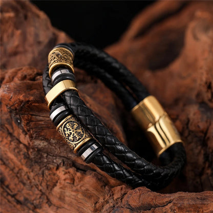Pulsera de cuero trenzado negro con colgante dorado