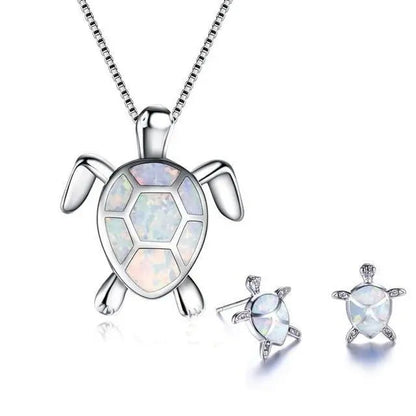 Conjunto de collar y pendientes de tortuga marina en ópalo y plata