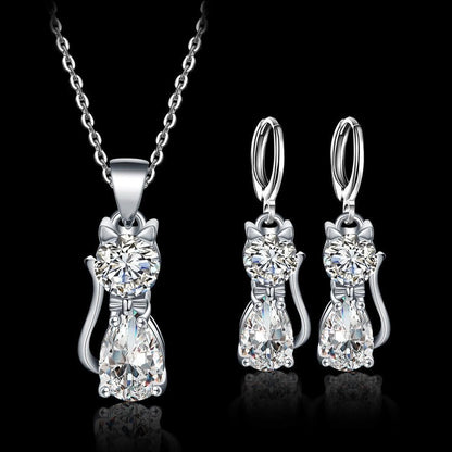 Conjunto de collar + pendientes Happy Cats en plata y circonita blanca pulida